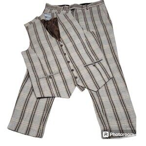 Paulo Solari Mens Gray Plaid Vest Suit Pants Set Modern Fit Size XL‎ 36/30
